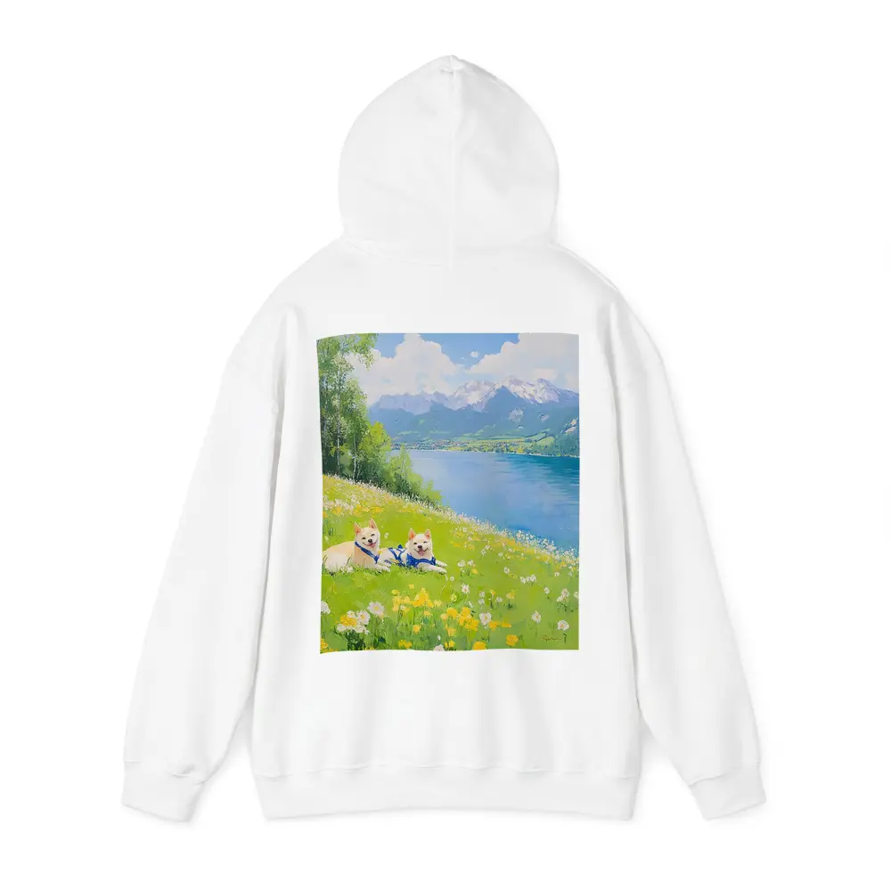 Two Akita Dogs Resting Alpine Lake Meadow – Hoodies