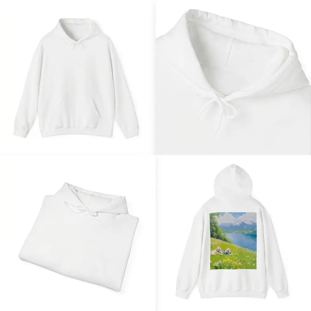 Two Akita Dogs Resting Alpine Lake Meadow – Hoodies