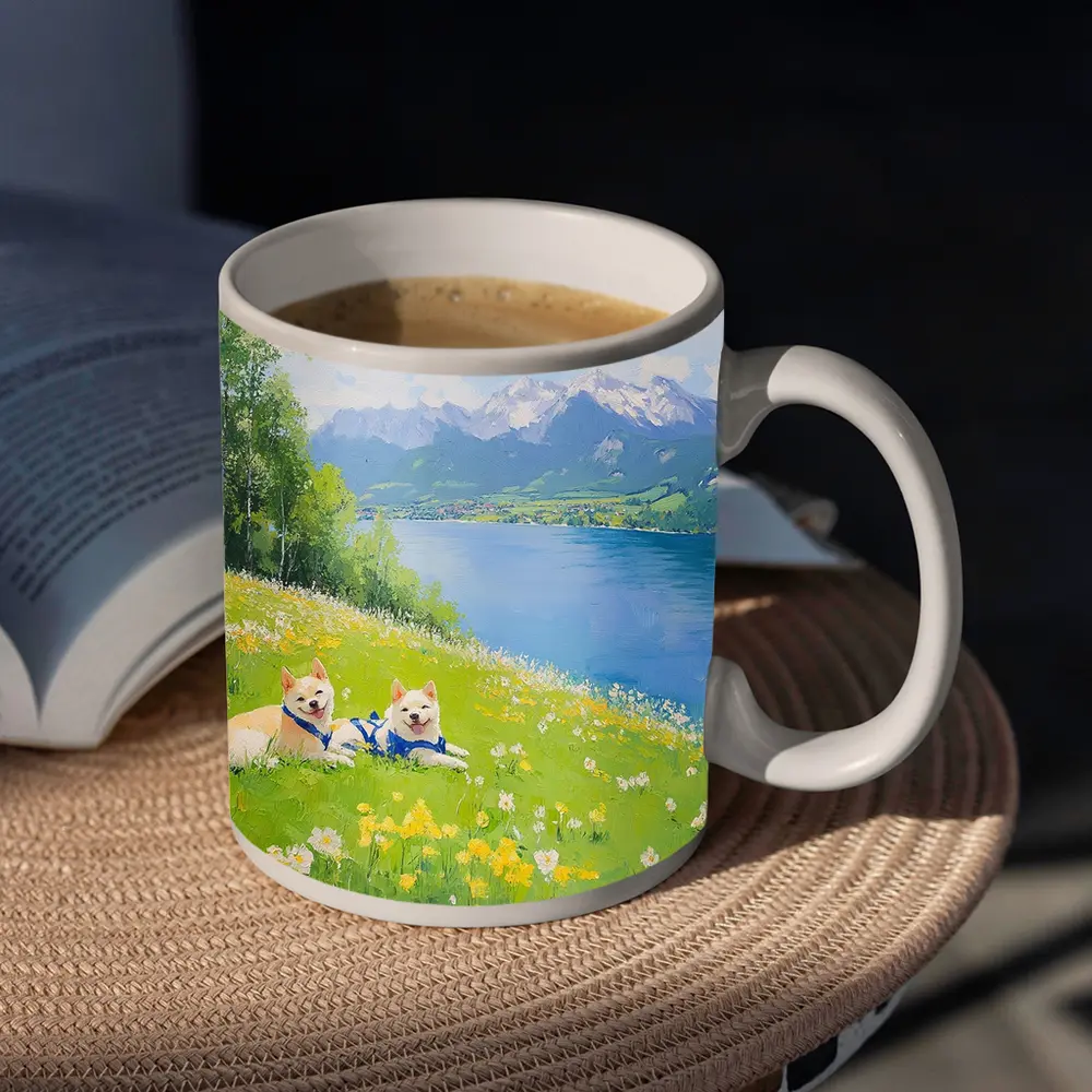 Two Akita Dogs Resting Alpine Lake Meadow – Mugs