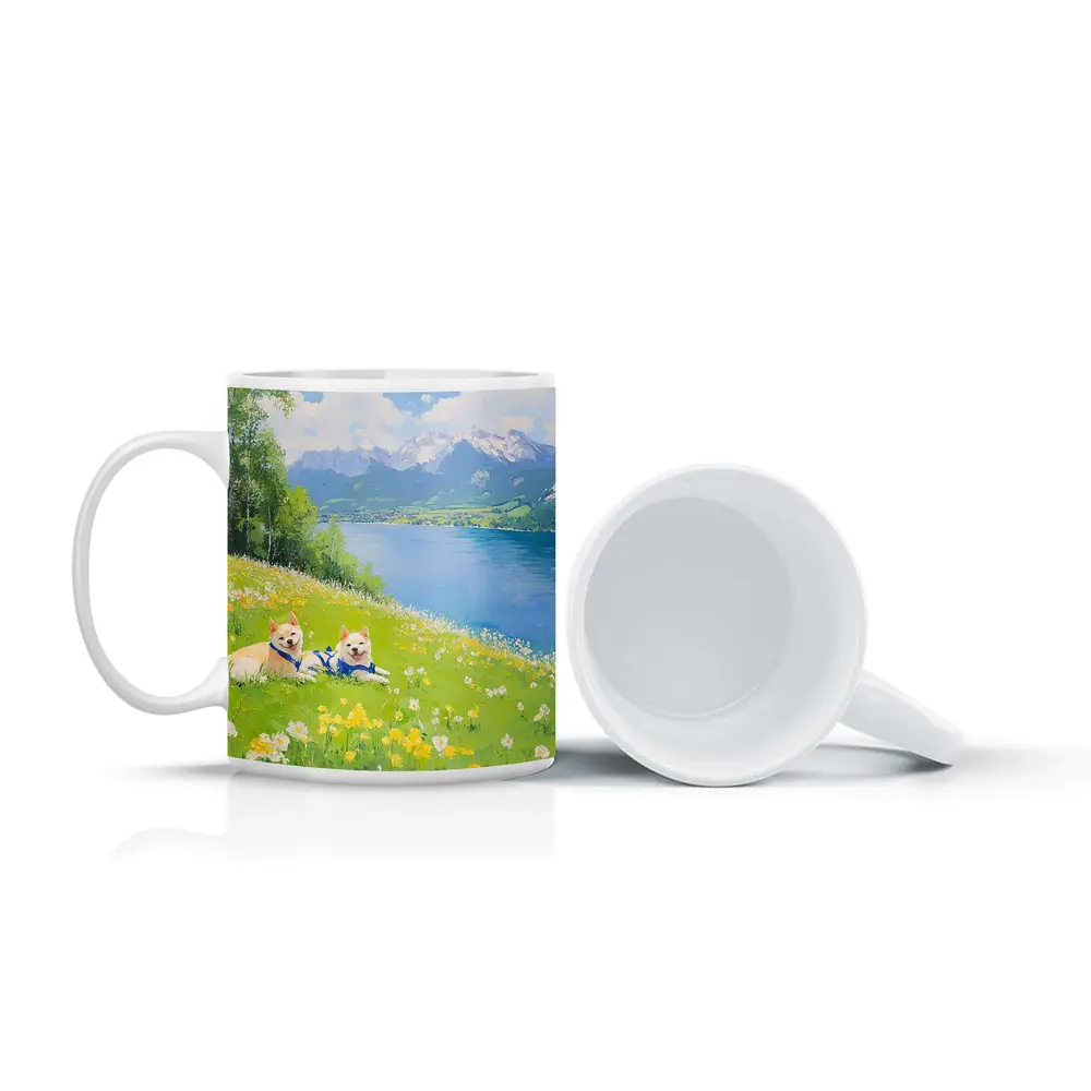 Two Akita Dogs Resting Alpine Lake Meadow – Mugs