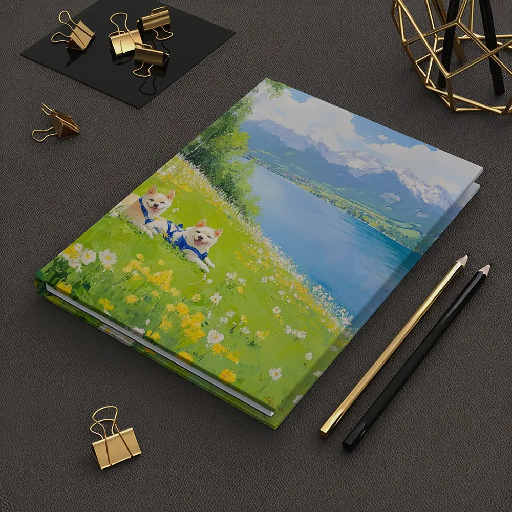Two Akita Dogs Resting Alpine Lake Meadow – Notebooks