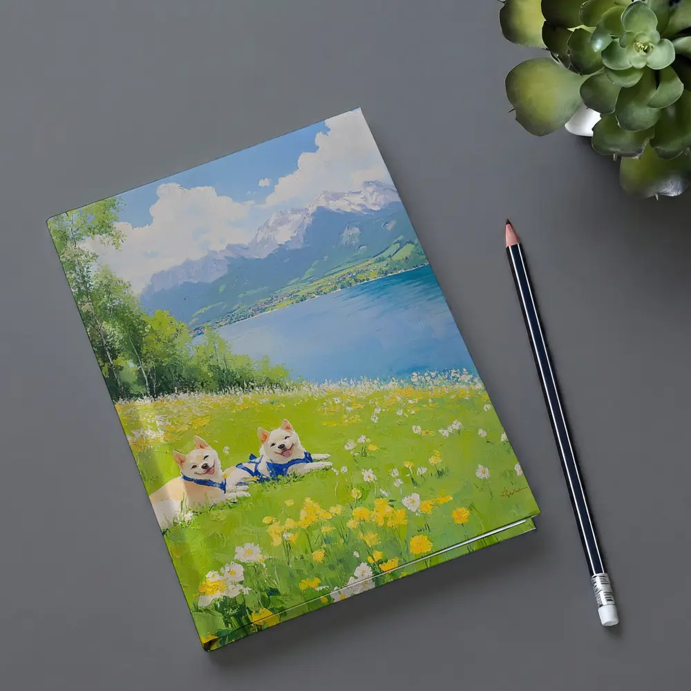 Two Akita Dogs Resting Alpine Lake Meadow – Notebooks