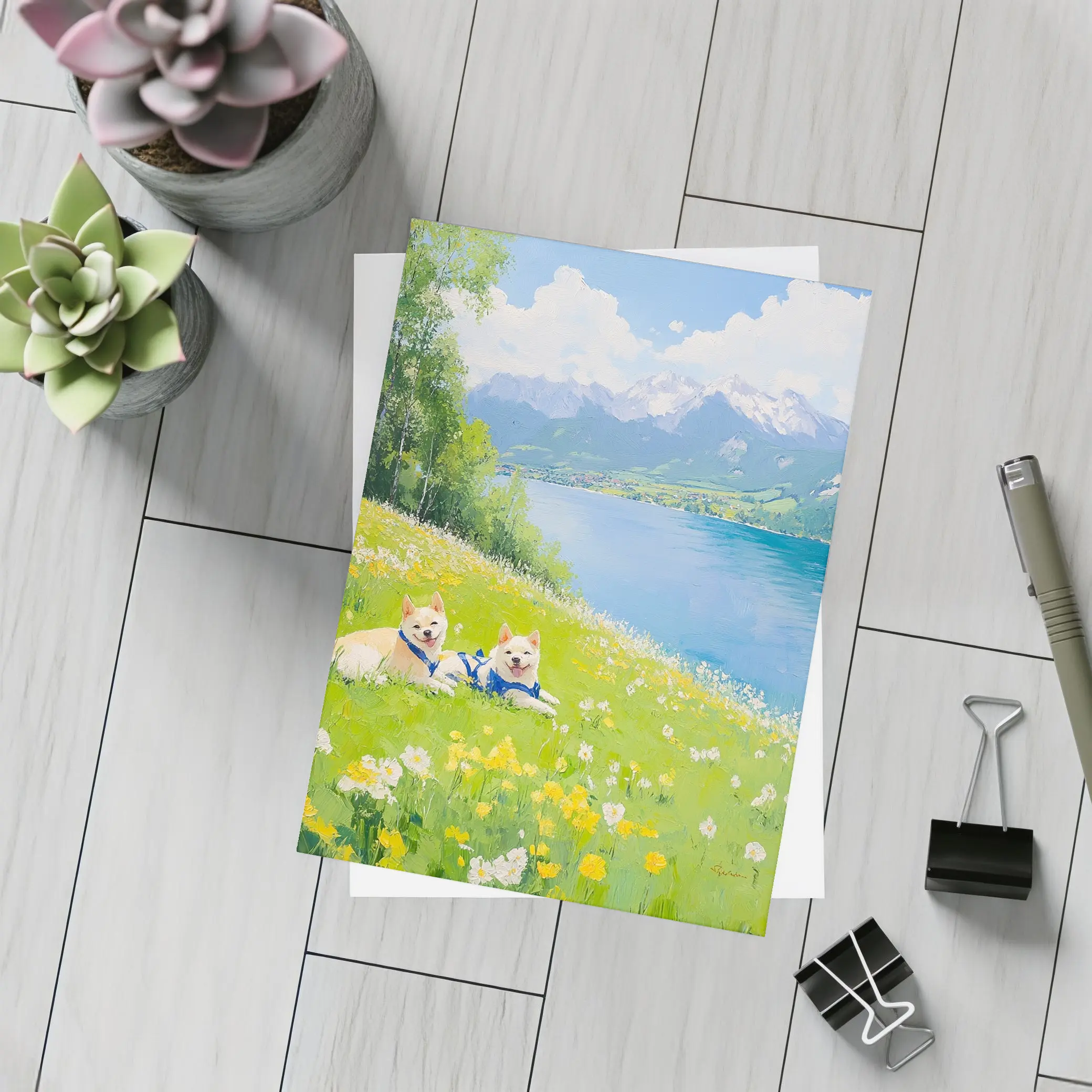 Two Akita Dogs Resting Alpine Lake Meadow – Postcards