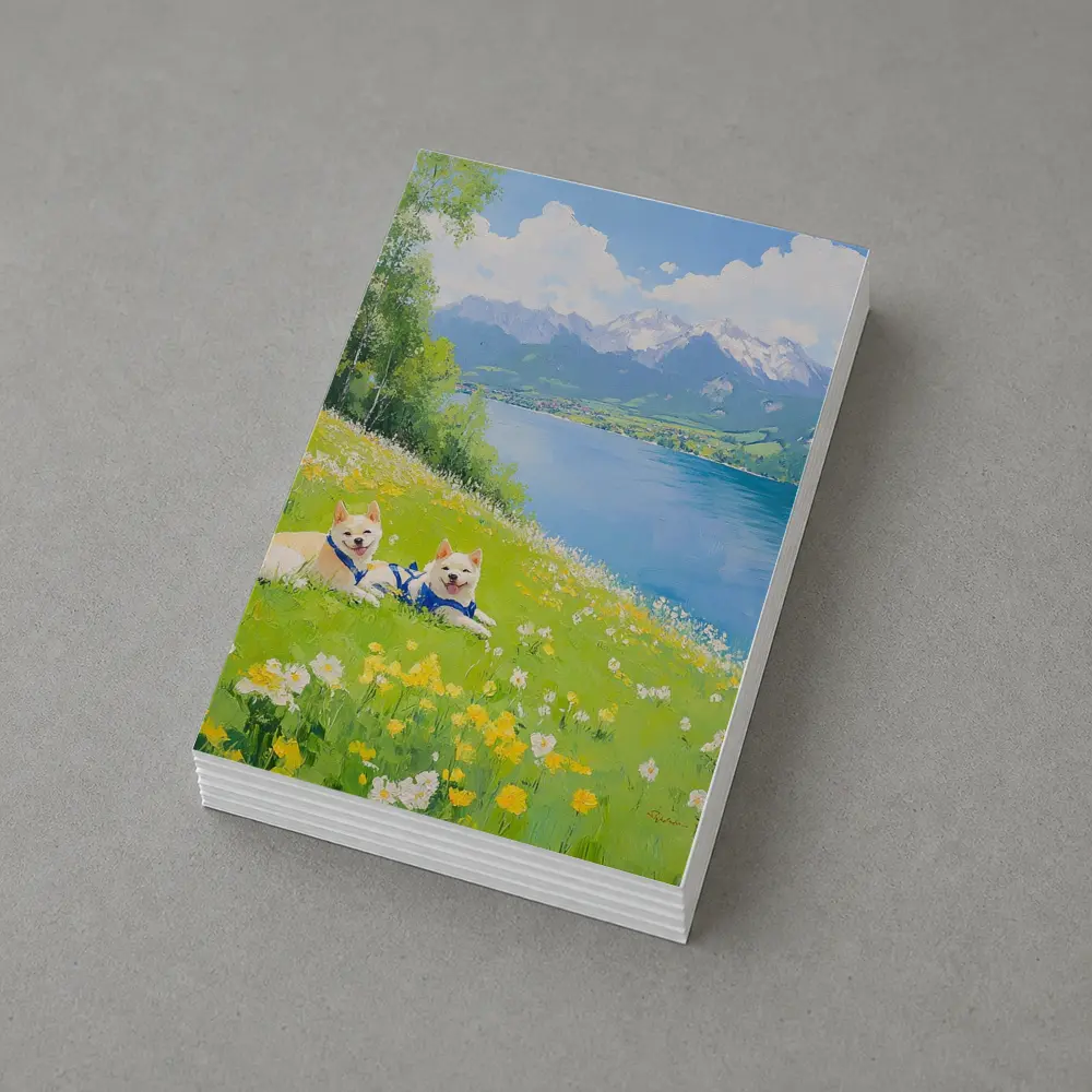 Two Akita Dogs Resting Alpine Lake Meadow – Postcards