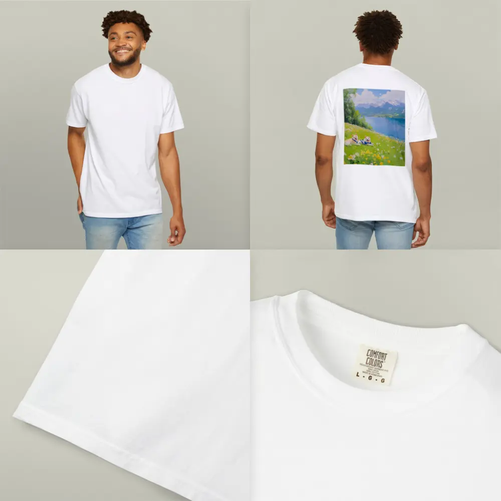 Two Akita Dogs Resting Alpine Lake Meadow – T-Shirts