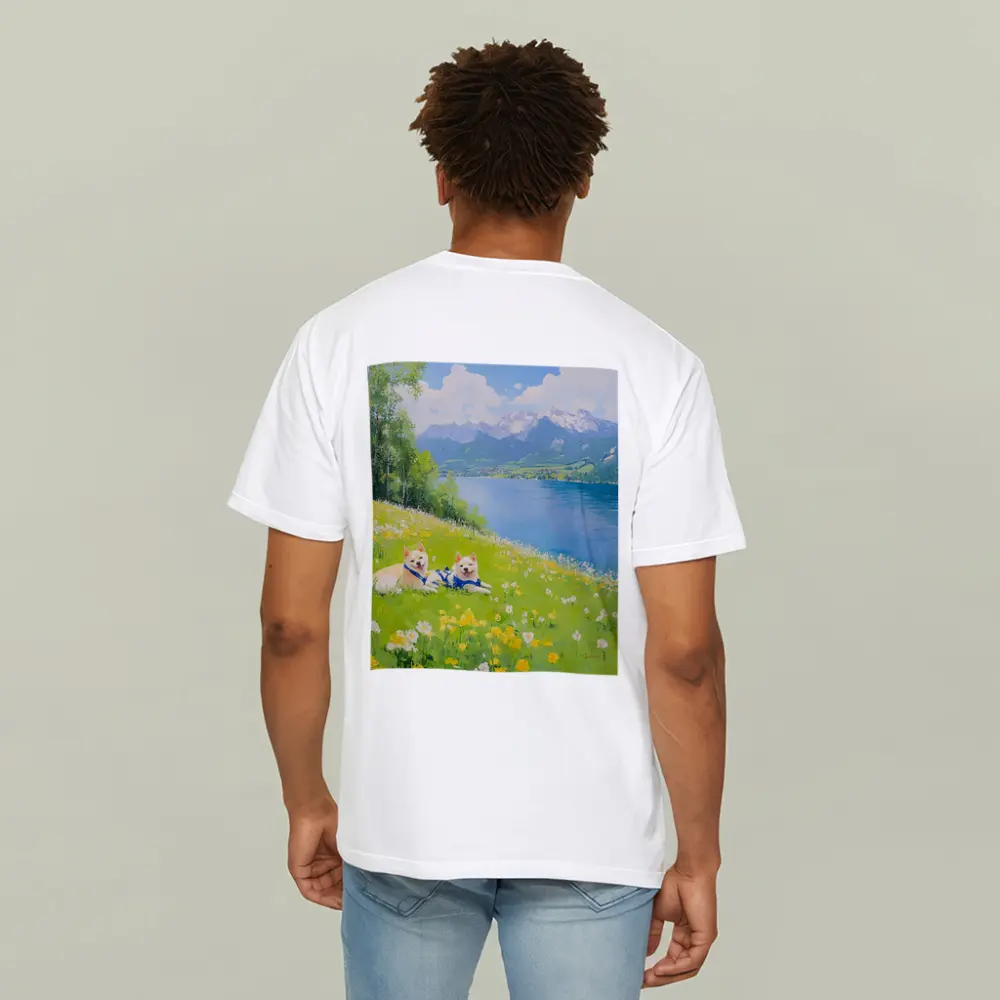 Two Akita Dogs Resting Alpine Lake Meadow – T-Shirts