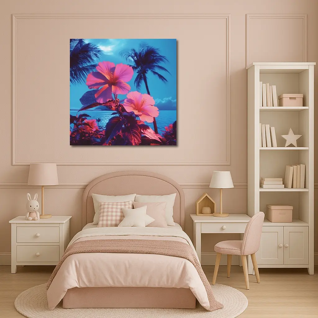 Pink Hibiscus Flowers Tropical Ocean Blue Sky – Wall Art