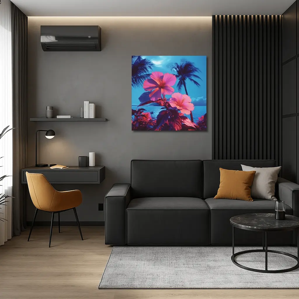 Pink Hibiscus Flowers Tropical Ocean Blue Sky – Wall Art