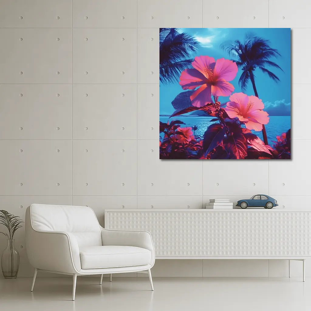 Pink Hibiscus Flowers Tropical Ocean Blue Sky – Wall Art