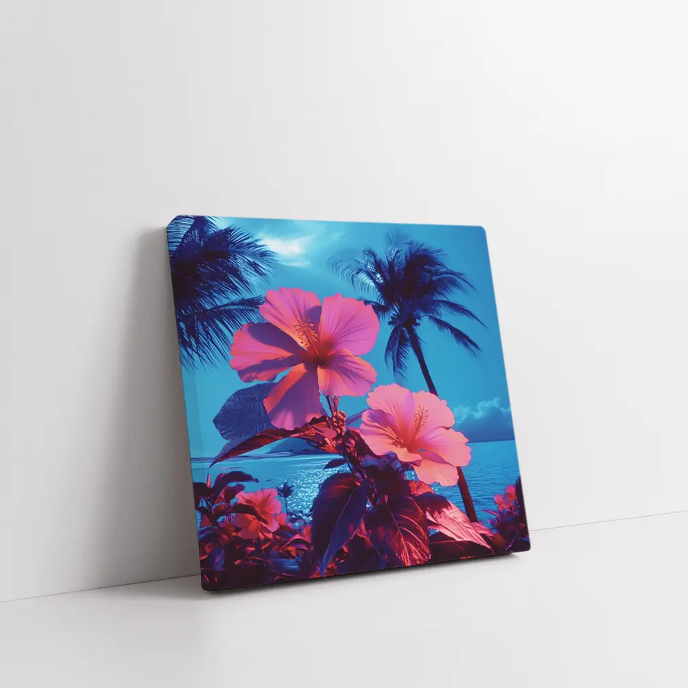 Pink Hibiscus Flowers Tropical Ocean Blue Sky – Wall Art