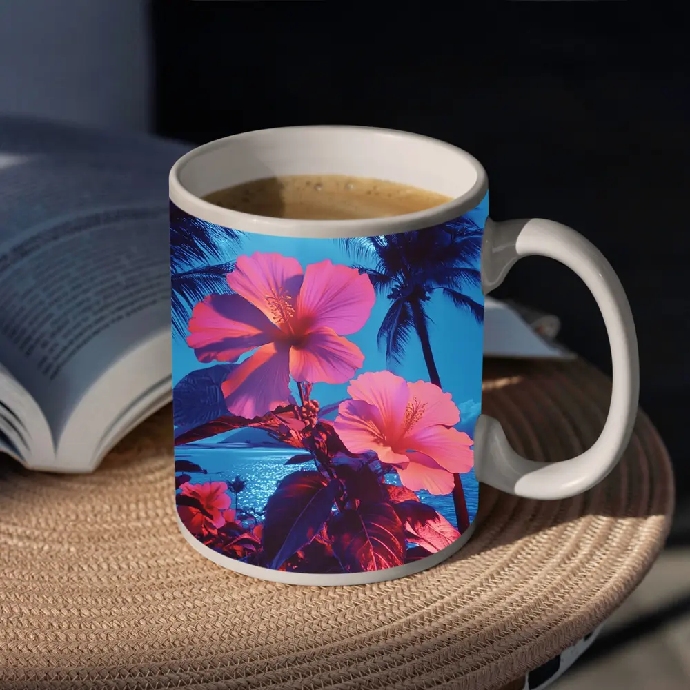 Pink Hibiscus Flowers Tropical Ocean Blue Sky – Mugs
