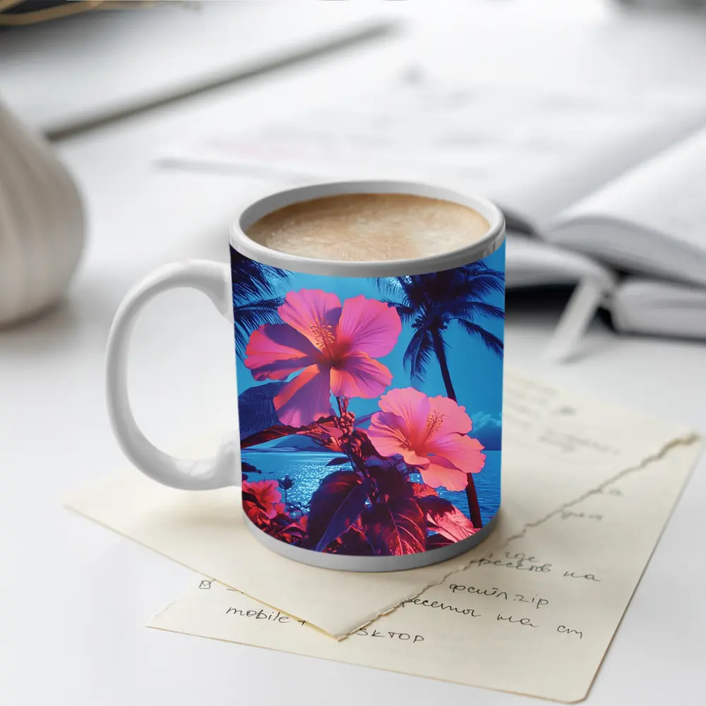 Pink Hibiscus Flowers Tropical Ocean Blue Sky – Mugs
