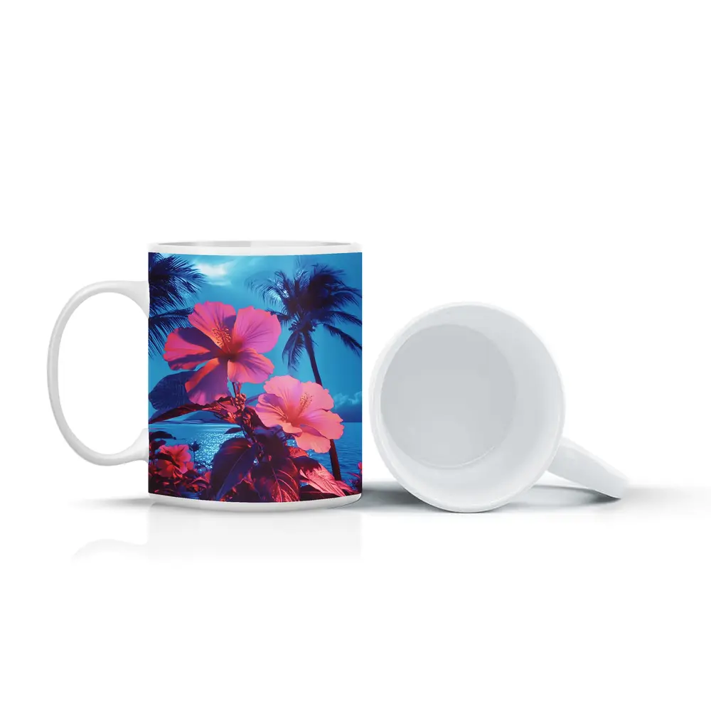 Pink Hibiscus Flowers Tropical Ocean Blue Sky – Mugs