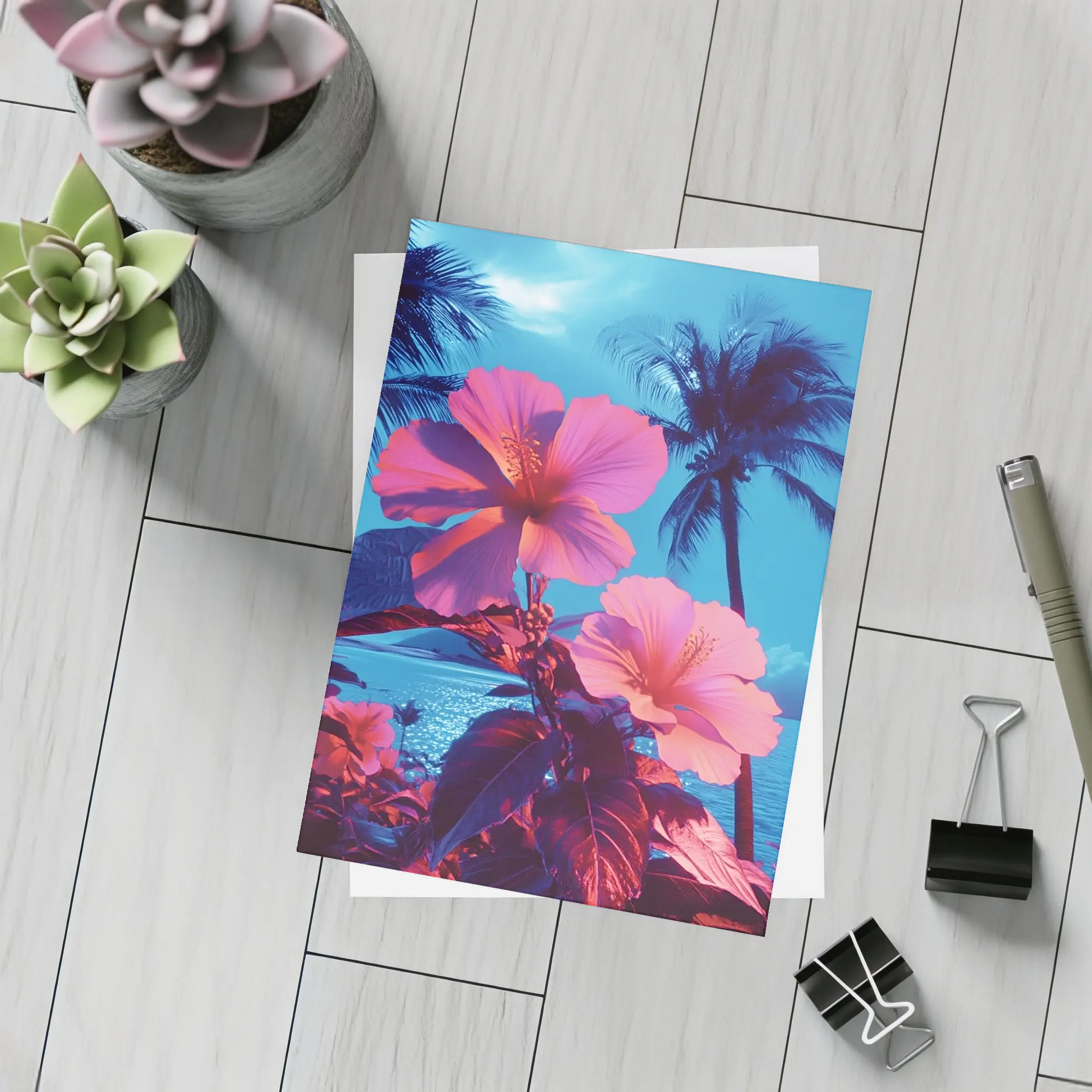Pink Hibiscus Flowers Tropical Ocean Blue Sky – Postcards