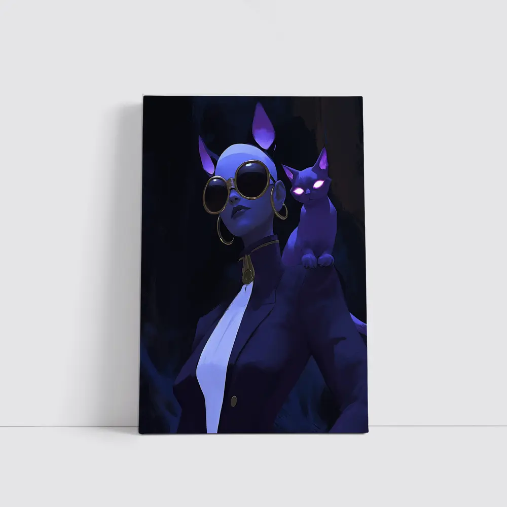 Cat Girl Dark Fantasy Portrait Neon Art – Wall Art