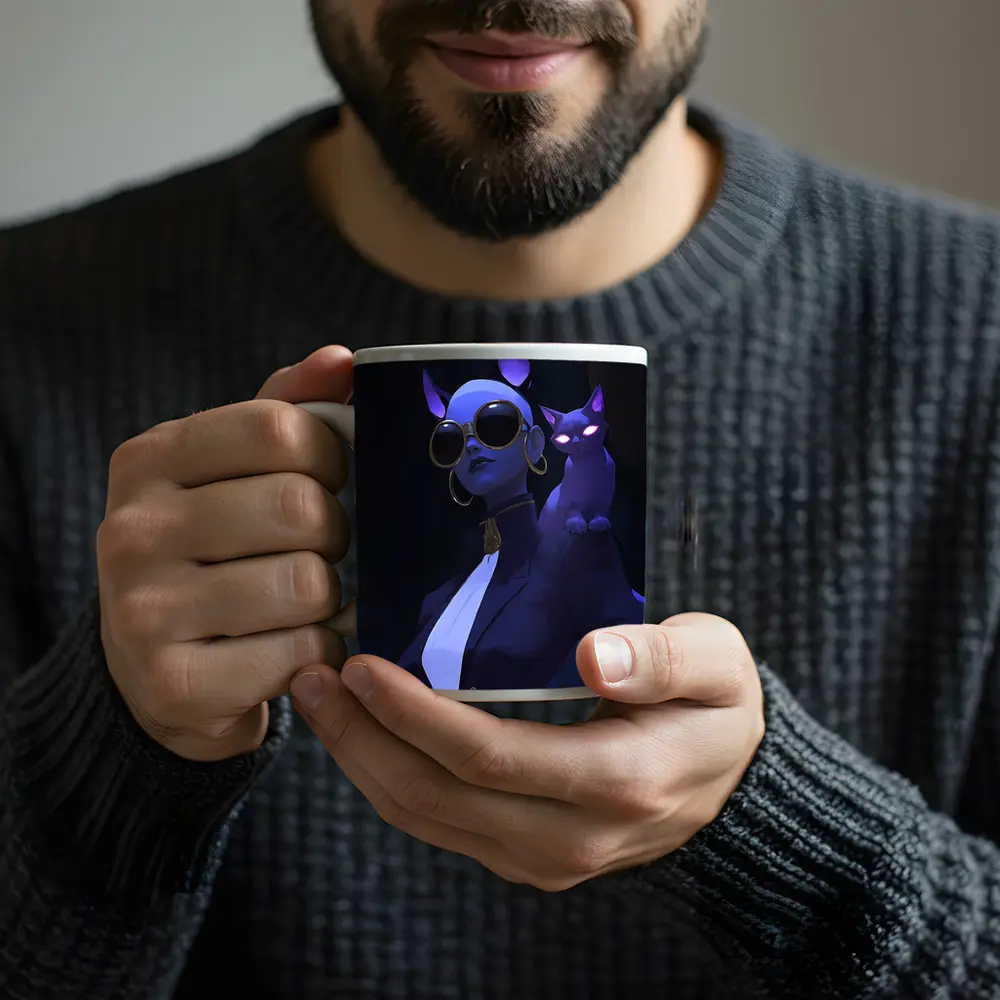 Cat Girl Dark Fantasy Portrait Neon Art – Mugs