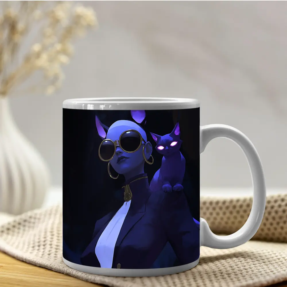 Cat Girl Dark Fantasy Portrait Neon Art – Mugs