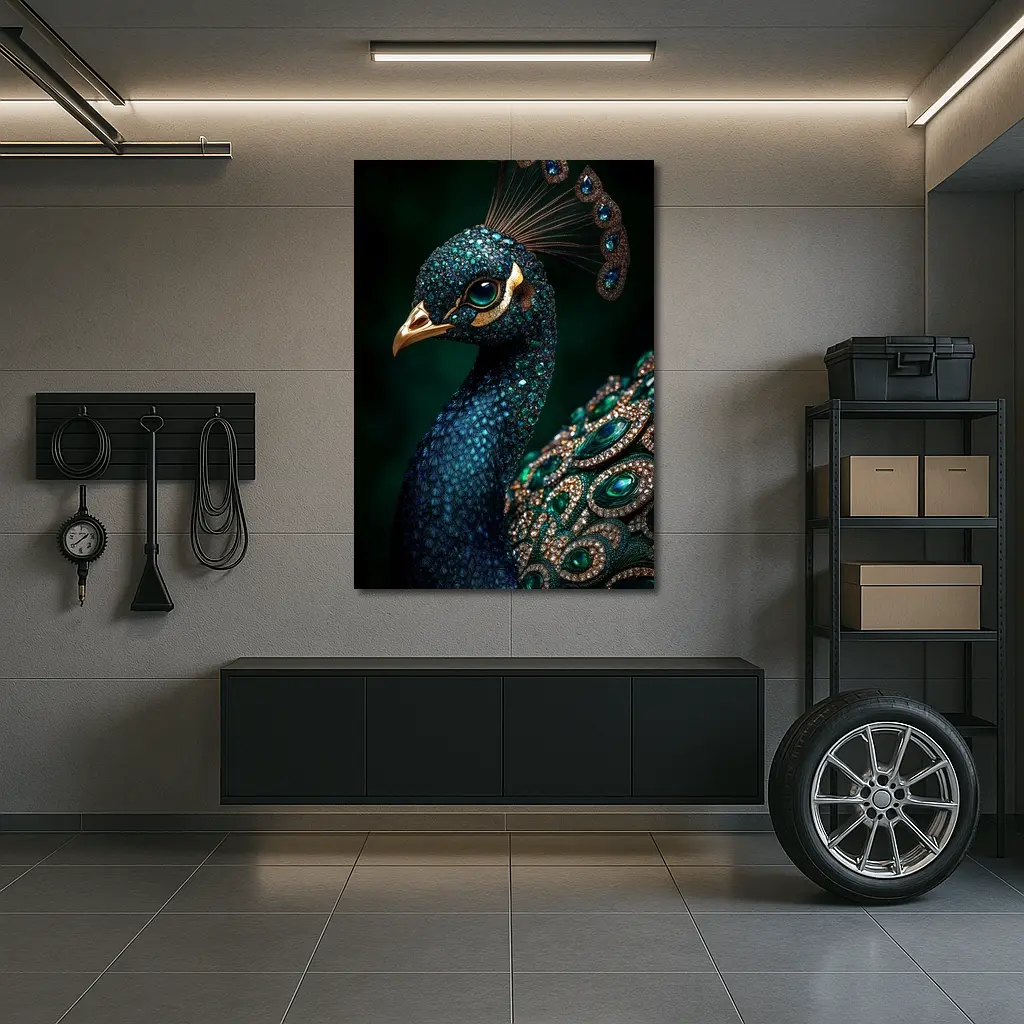 Jeweled Peacock Portrait Dark Green Background – Wall Art