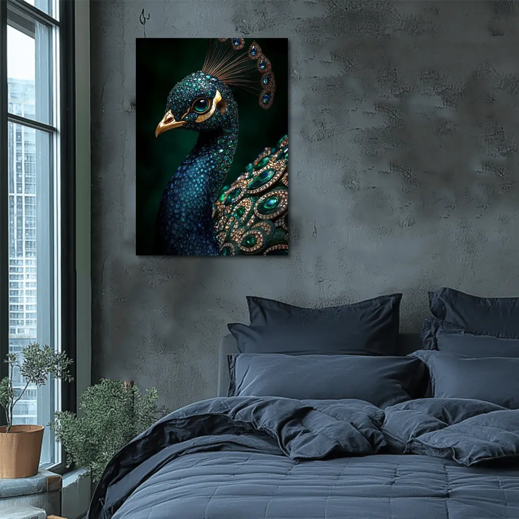 Jeweled Peacock Portrait Dark Green Background – Wall Art