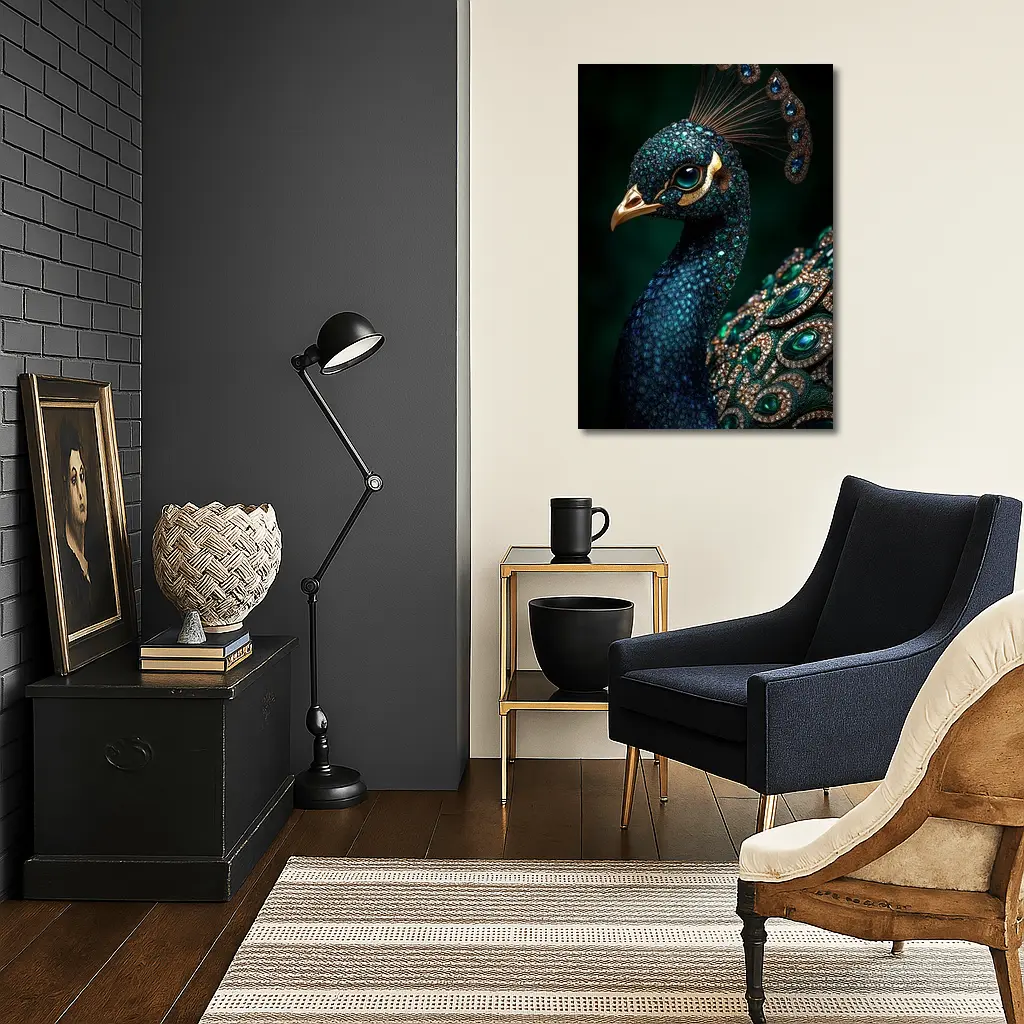 Jeweled Peacock Portrait Dark Green Background – Wall Art