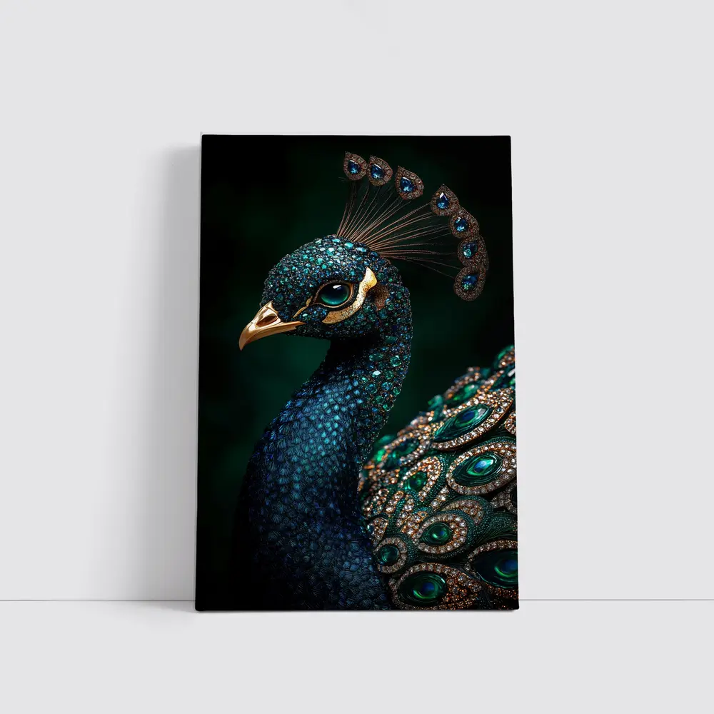 Jeweled Peacock Portrait Dark Green Background – Wall Art