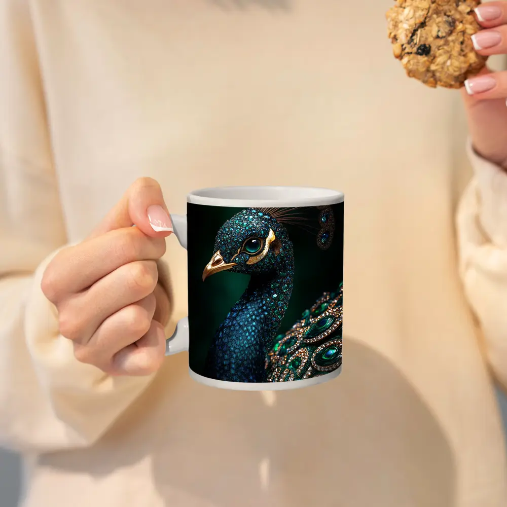 Jeweled Peacock Portrait Dark Green Background – Mugs