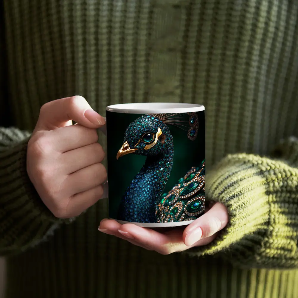 Jeweled Peacock Portrait Dark Green Background – Mugs