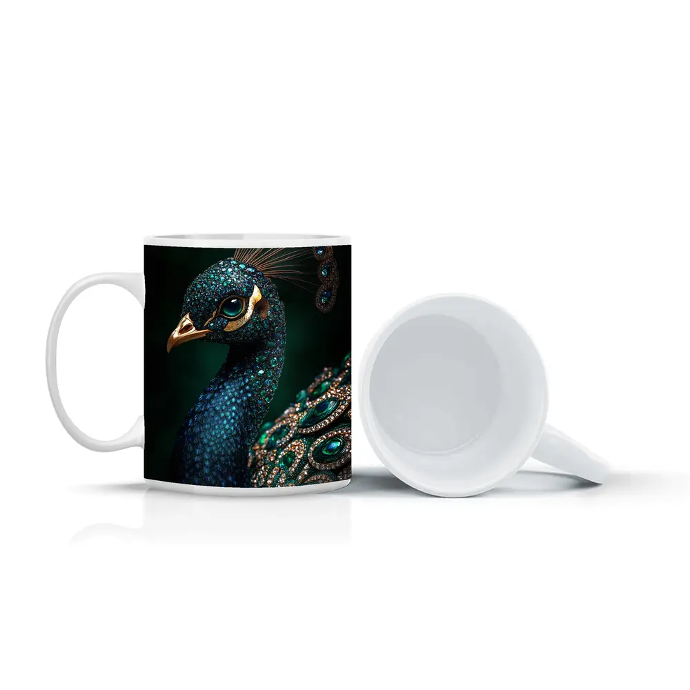 Jeweled Peacock Portrait Dark Green Background – Mugs