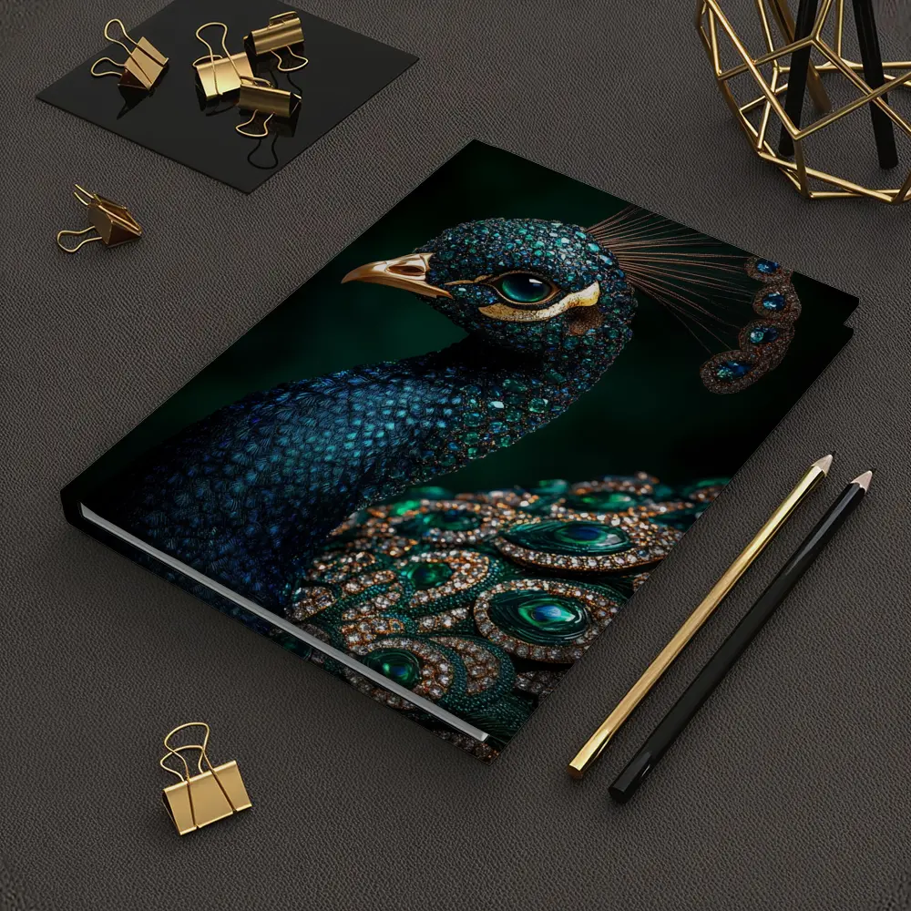 Jeweled Peacock Portrait Dark Green Background – Notebooks