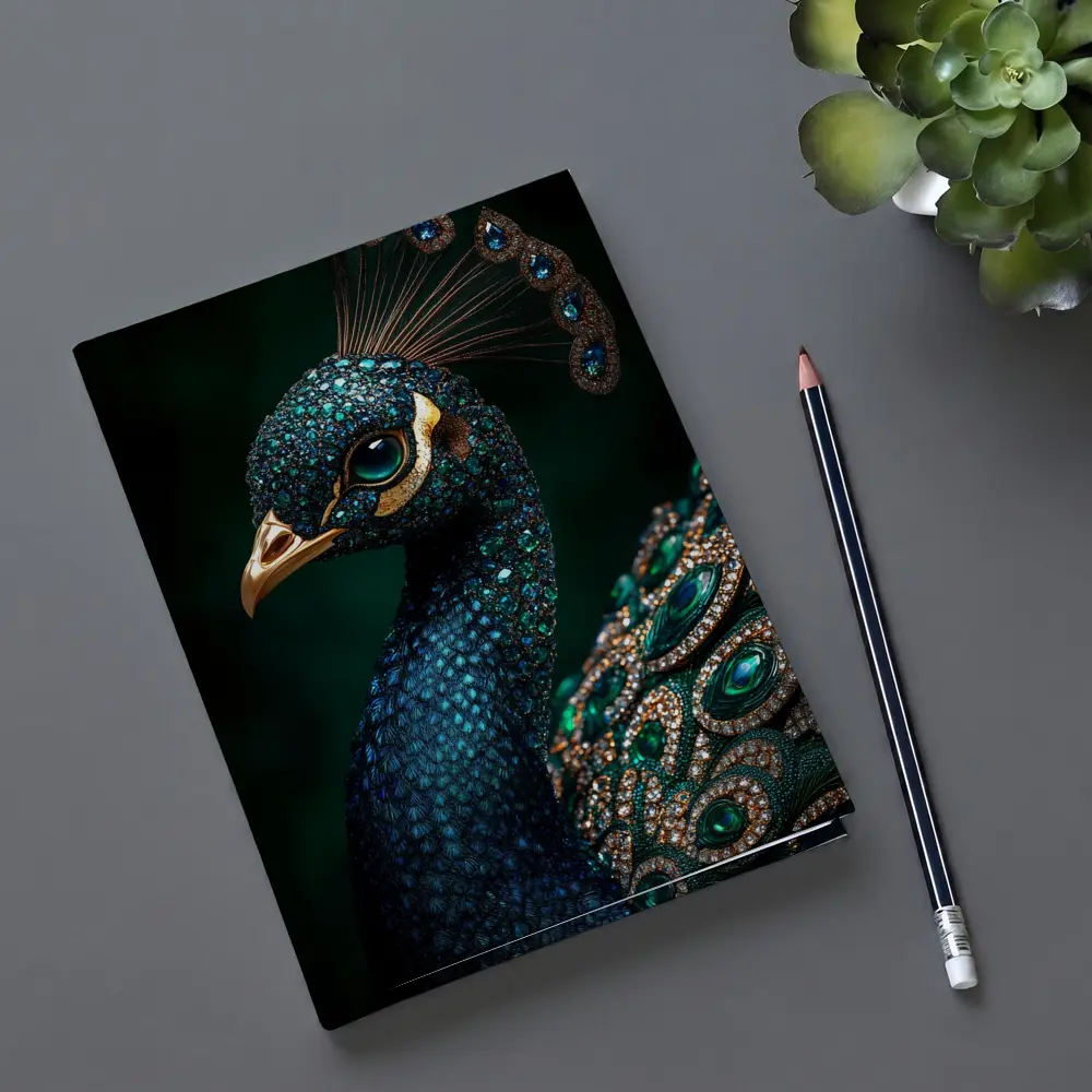 Jeweled Peacock Portrait Dark Green Background – Notebooks