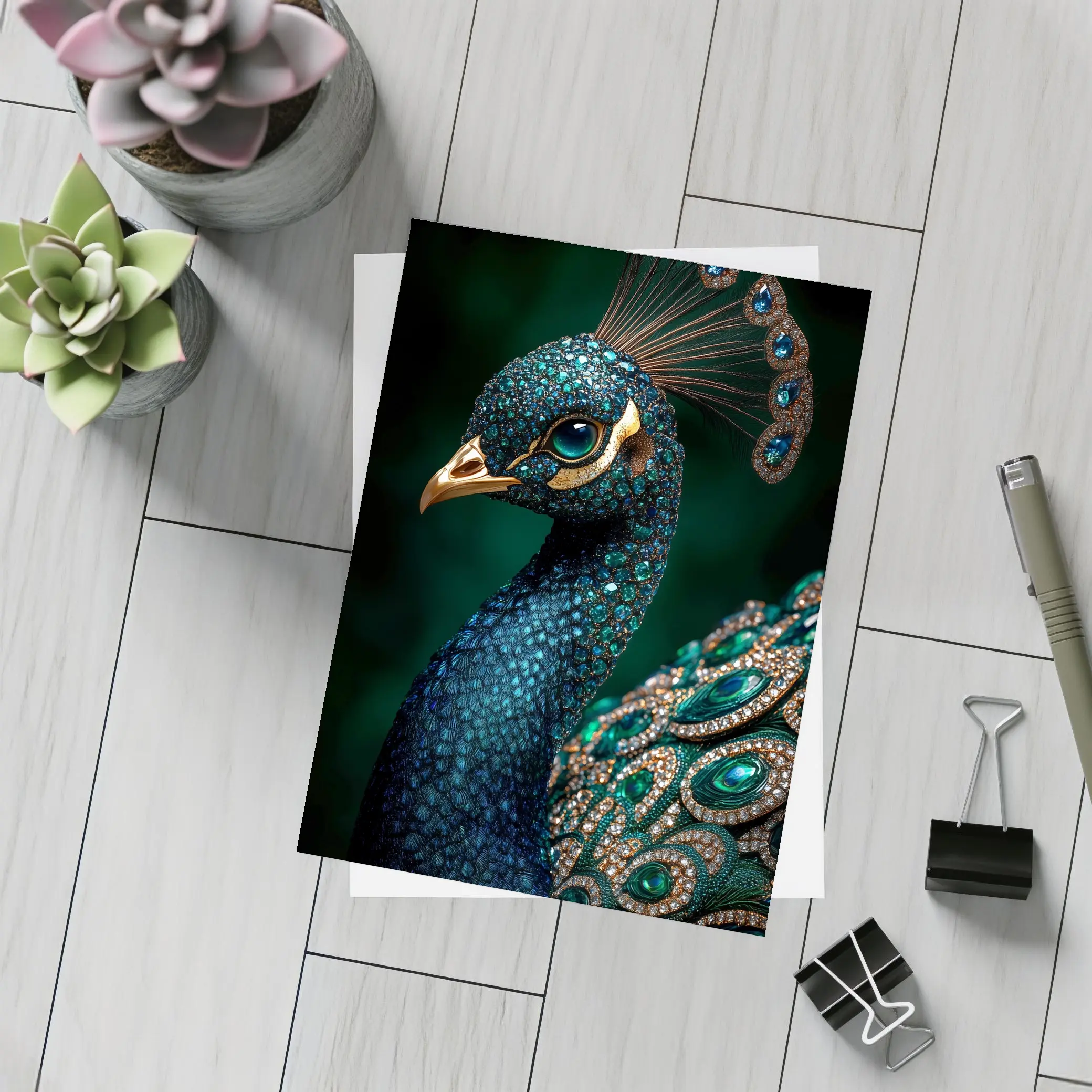 Jeweled Peacock Portrait Dark Green Background – Postcards