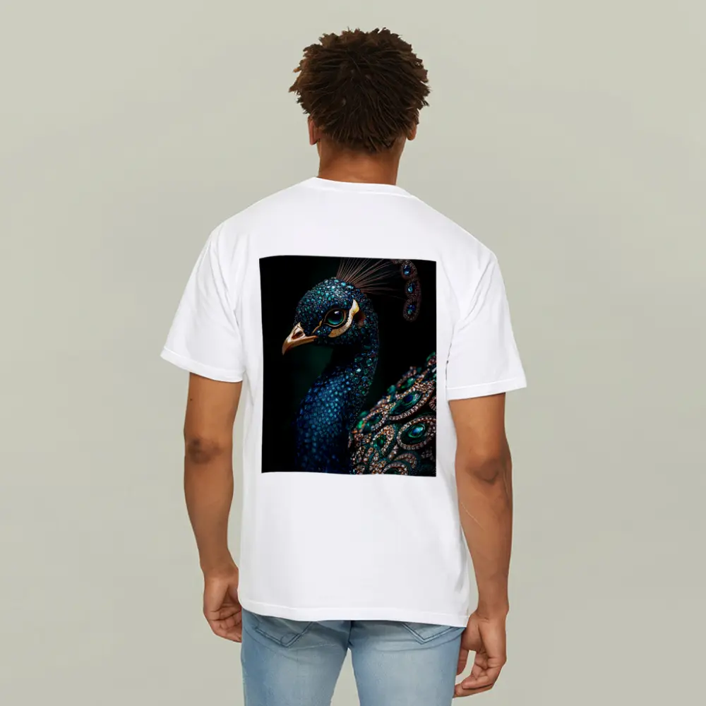 Jeweled Peacock Portrait Dark Green Background – T-Shirts