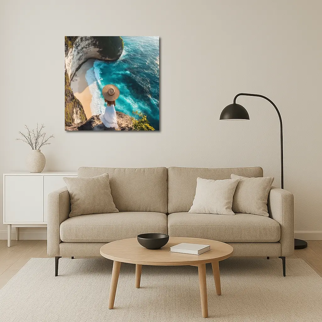 Woman Overlooking Turquoise Cliffside Beach Ocean – Wall Art