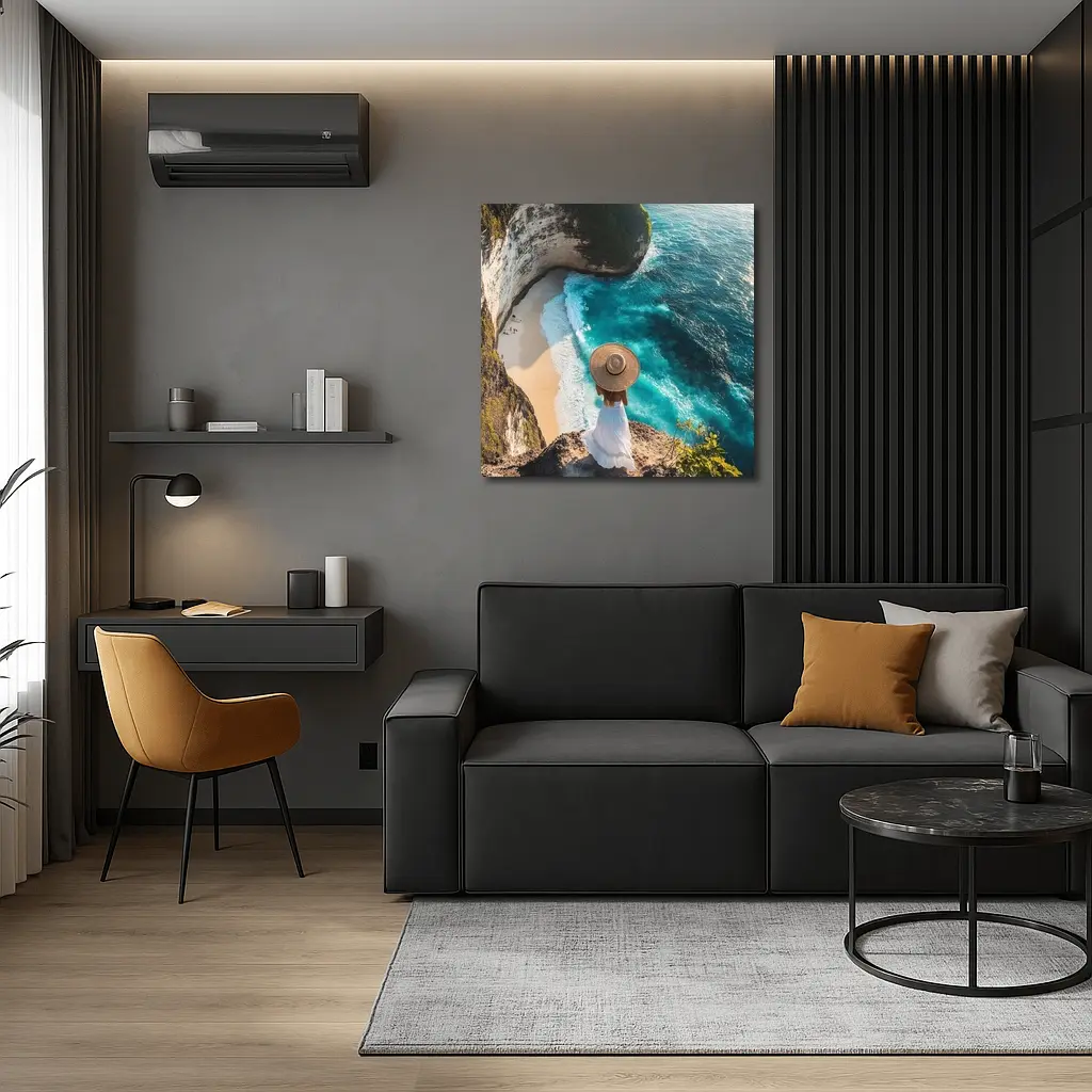 Woman Overlooking Turquoise Cliffside Beach Ocean – Wall Art