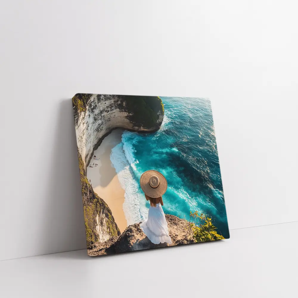 Woman Overlooking Turquoise Cliffside Beach Ocean – Wall Art