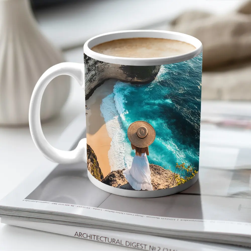 Woman Overlooking Turquoise Cliffside Beach Ocean – Mugs