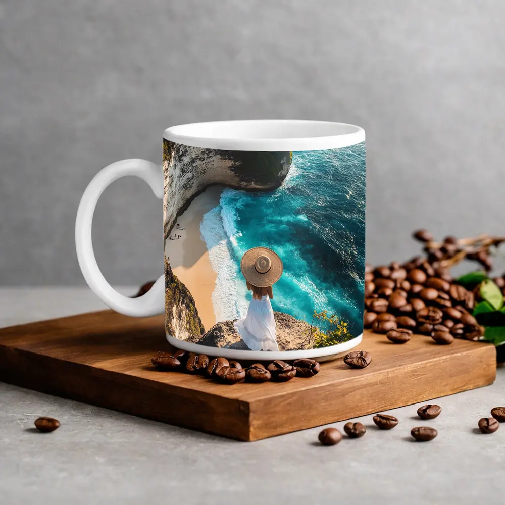 Woman Overlooking Turquoise Cliffside Beach Ocean – Mugs
