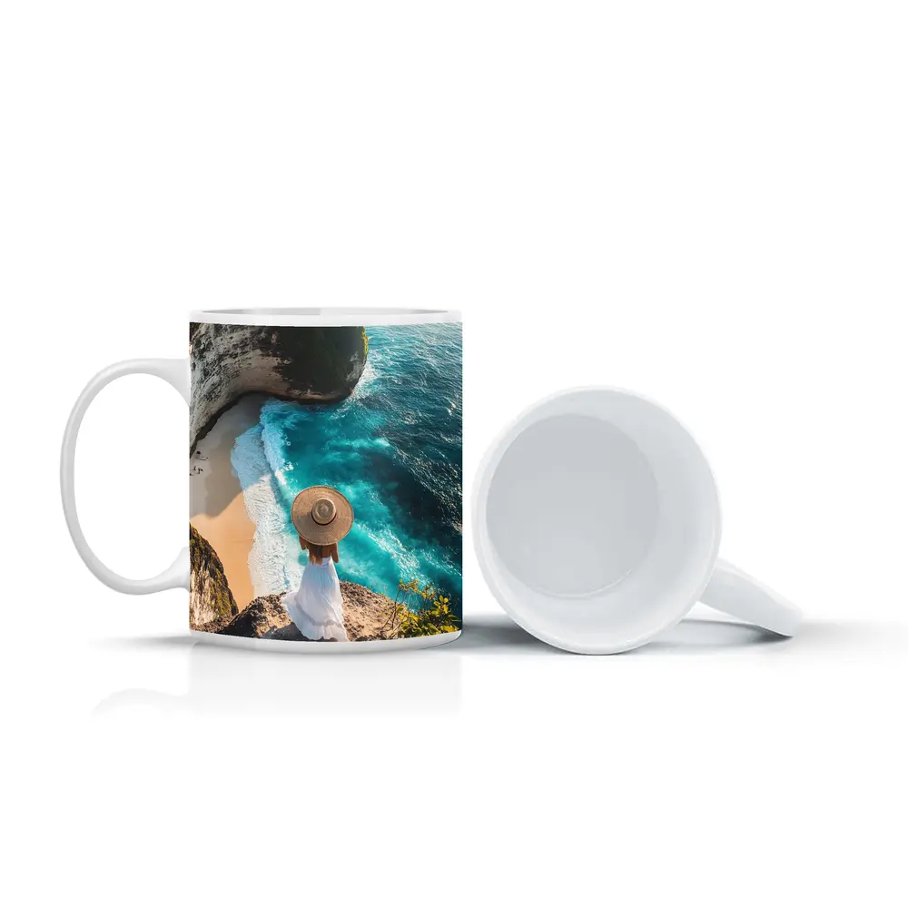 Woman Overlooking Turquoise Cliffside Beach Ocean – Mugs