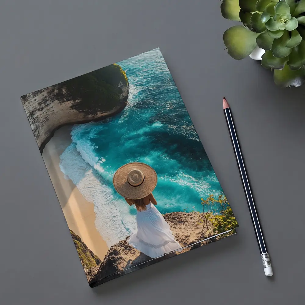 Woman Overlooking Turquoise Cliffside Beach Ocean – Notebooks