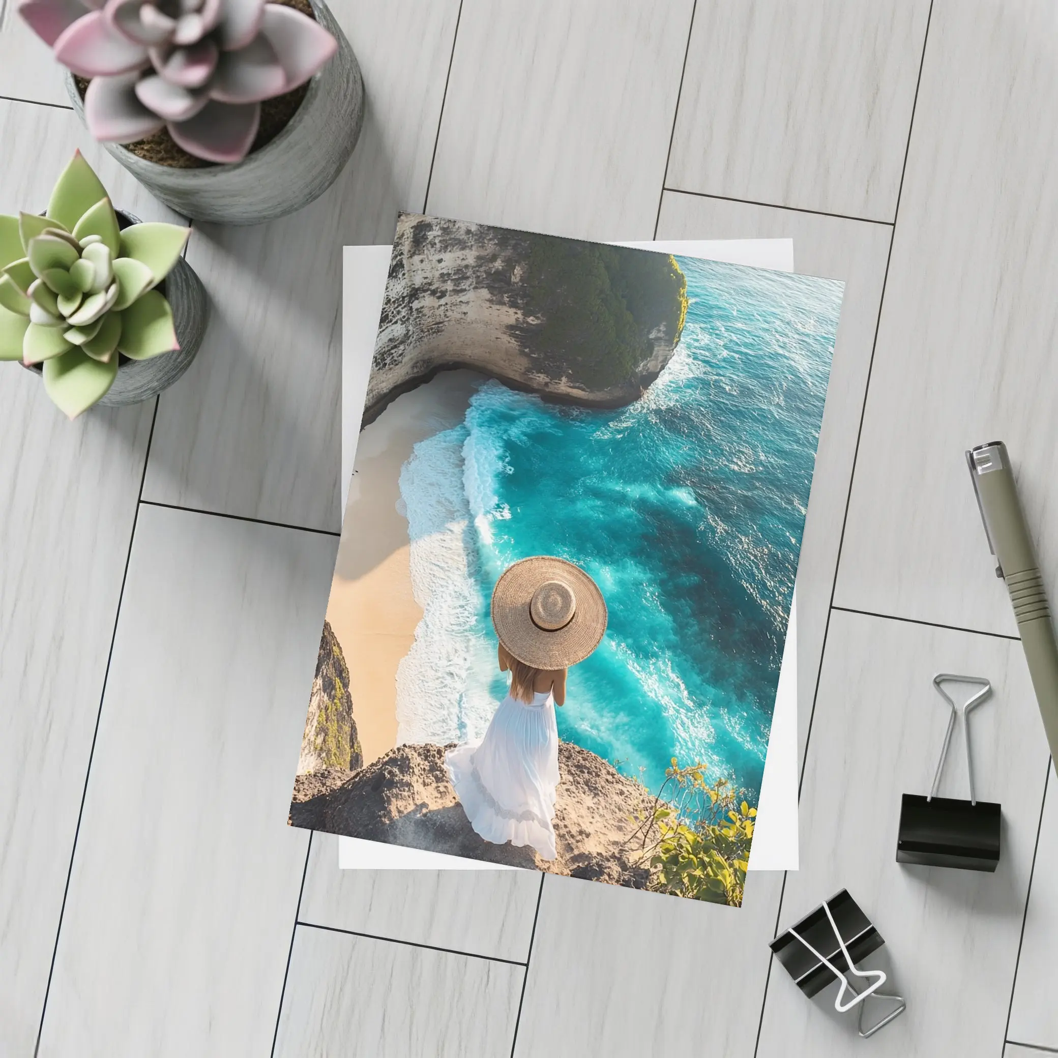 Woman Overlooking Turquoise Cliffside Beach Ocean – Postcards