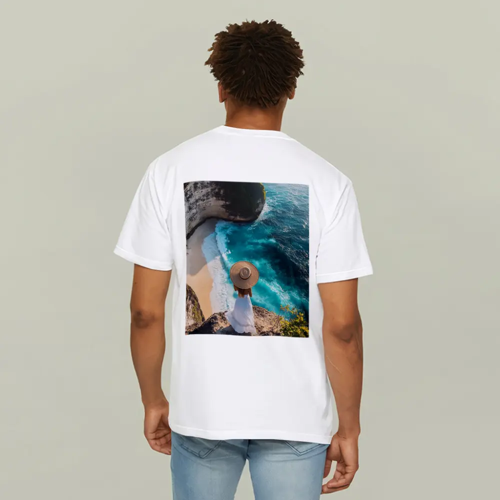 Woman Overlooking Turquoise Cliffside Beach Ocean – T-Shirts