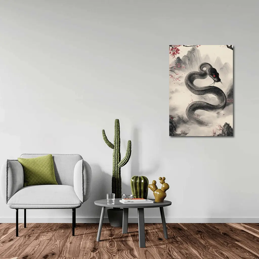 Black Snake Cherry Blossoms Japanese Ink Art – Wall Art