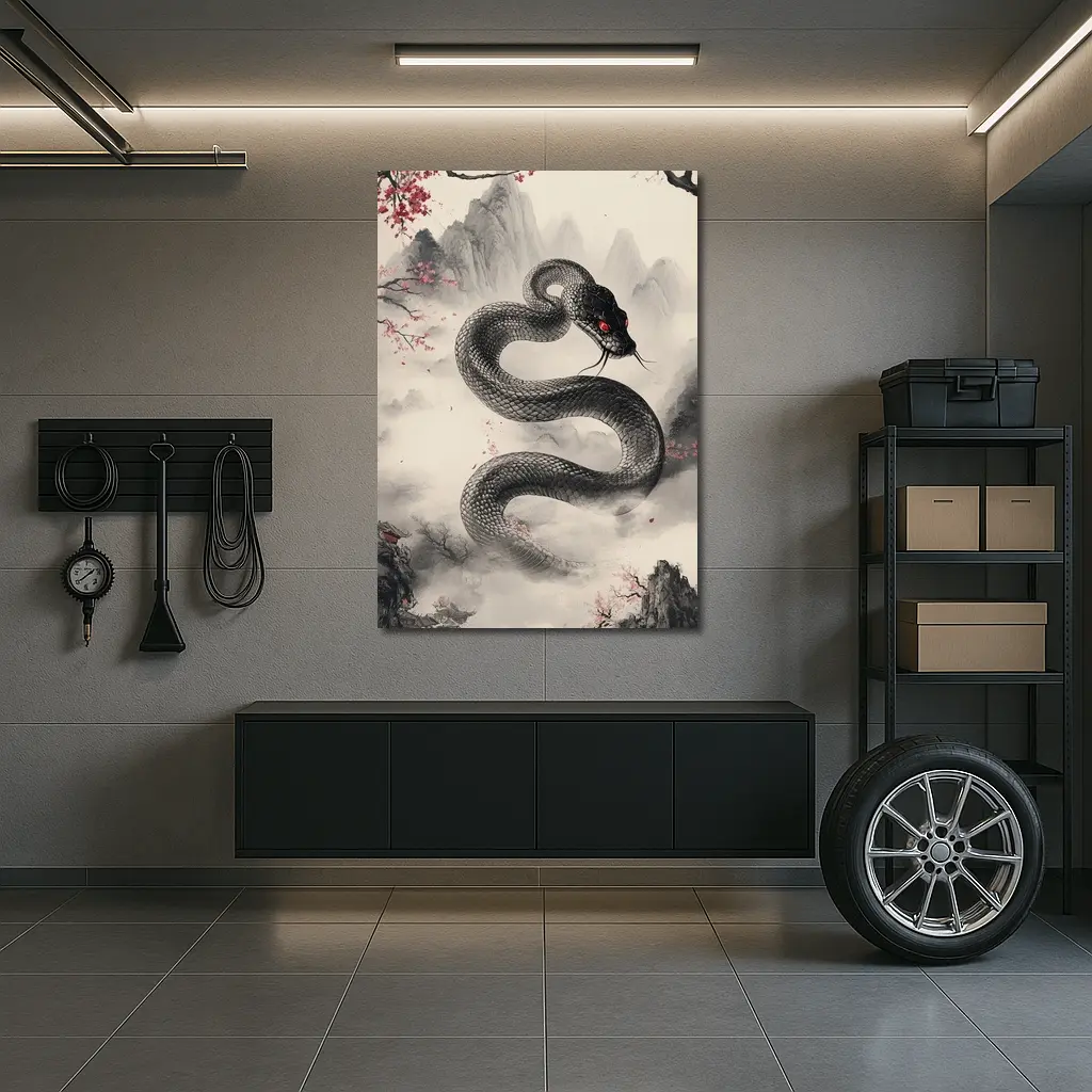 Black Snake Cherry Blossoms Japanese Ink Art – Wall Art