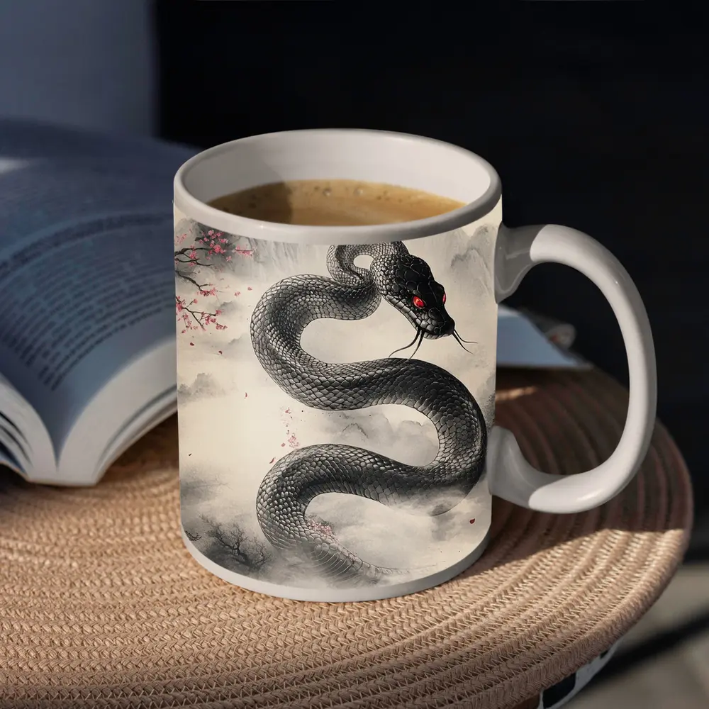 Black Snake Cherry Blossoms Japanese Ink Art – Mugs
