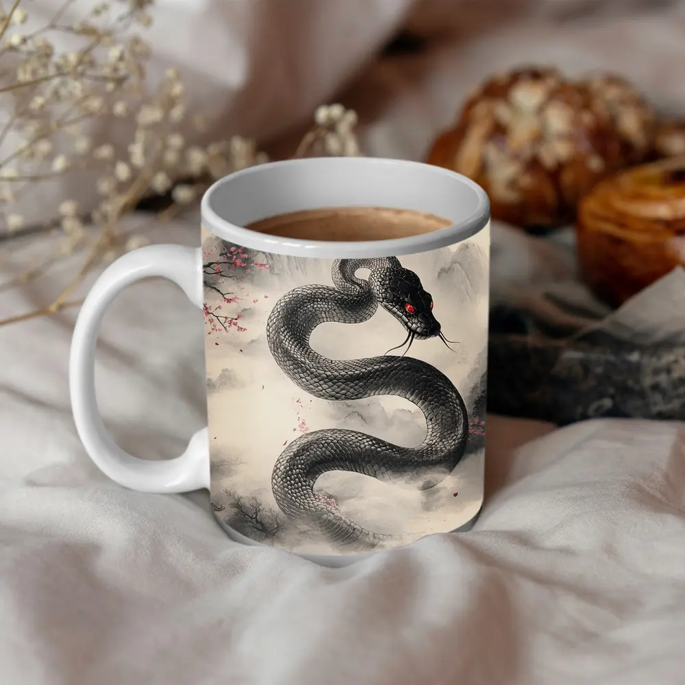 Black Snake Cherry Blossoms Japanese Ink Art – Mugs