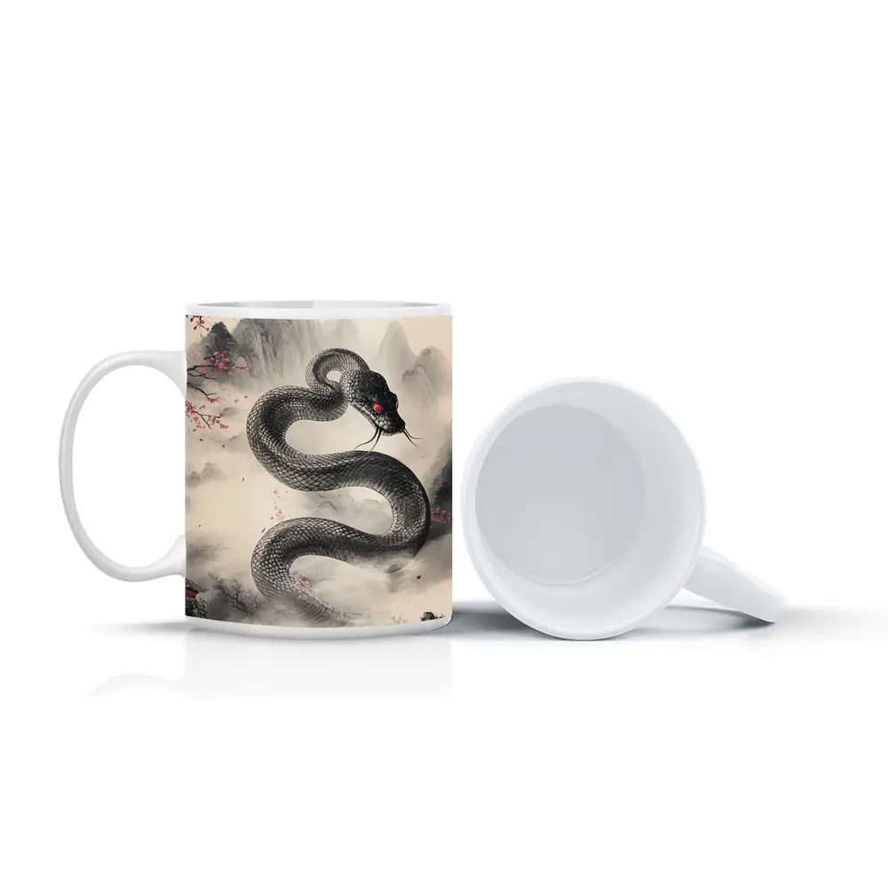 Black Snake Cherry Blossoms Japanese Ink Art – Mugs