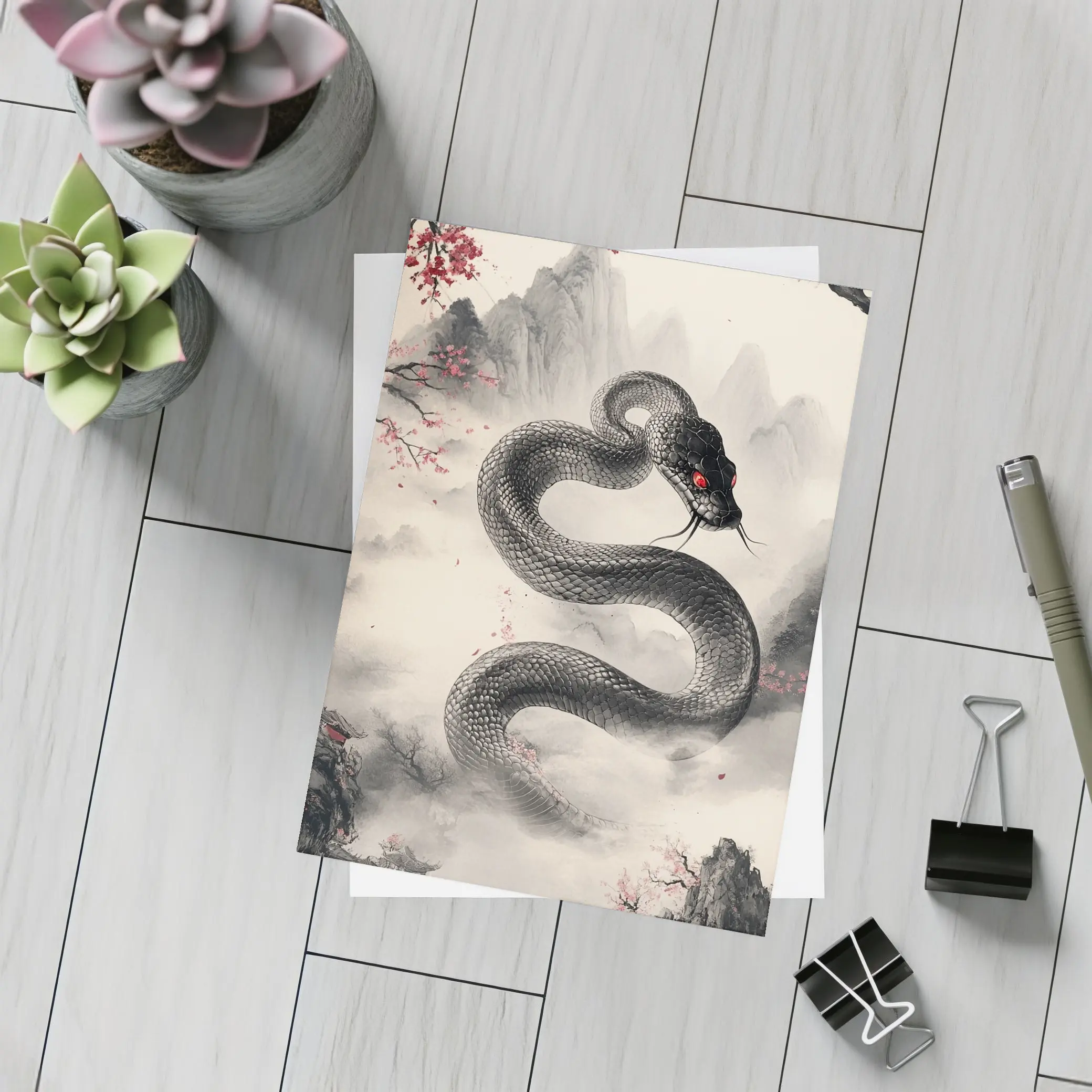 Black Snake Cherry Blossoms Japanese Ink Art – Postcards