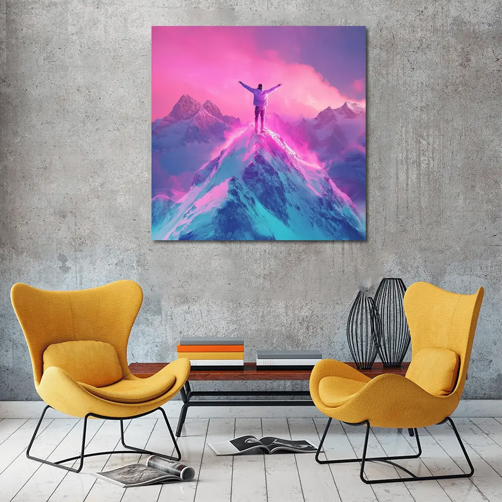 Man On Mountain Peak Neon Pink Sky – Wall Art