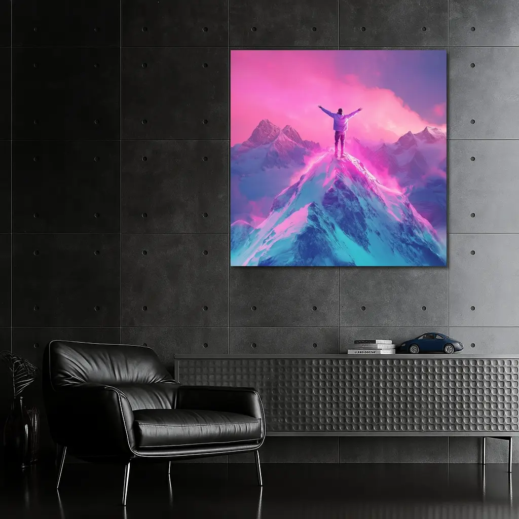 Man On Mountain Peak Neon Pink Sky – Wall Art