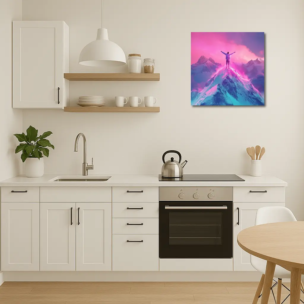Man On Mountain Peak Neon Pink Sky – Wall Art